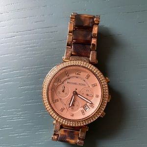 Rose Gold Michael Kors tortoise shell watch with accented watch face